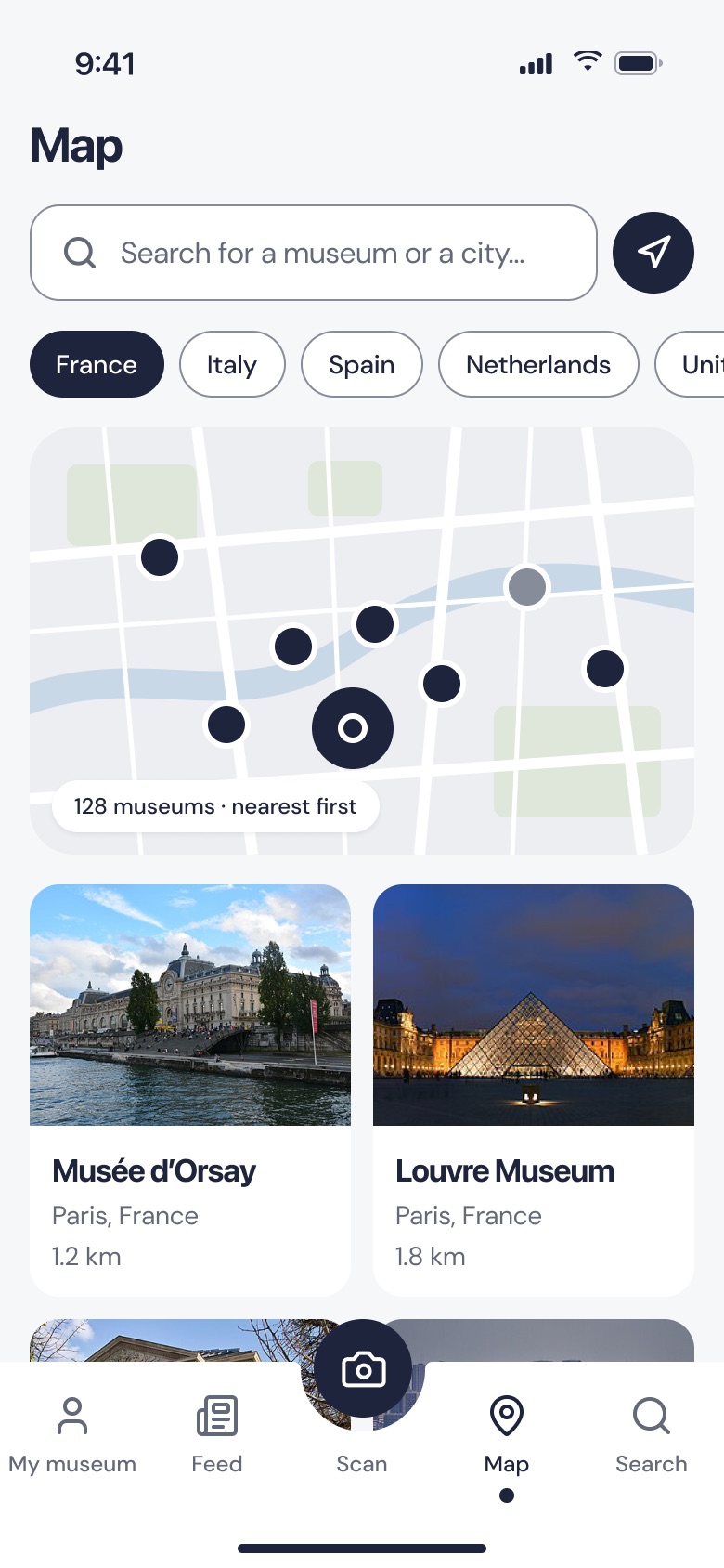 Map of nearby museums, with country filters and the list of the closest museums.