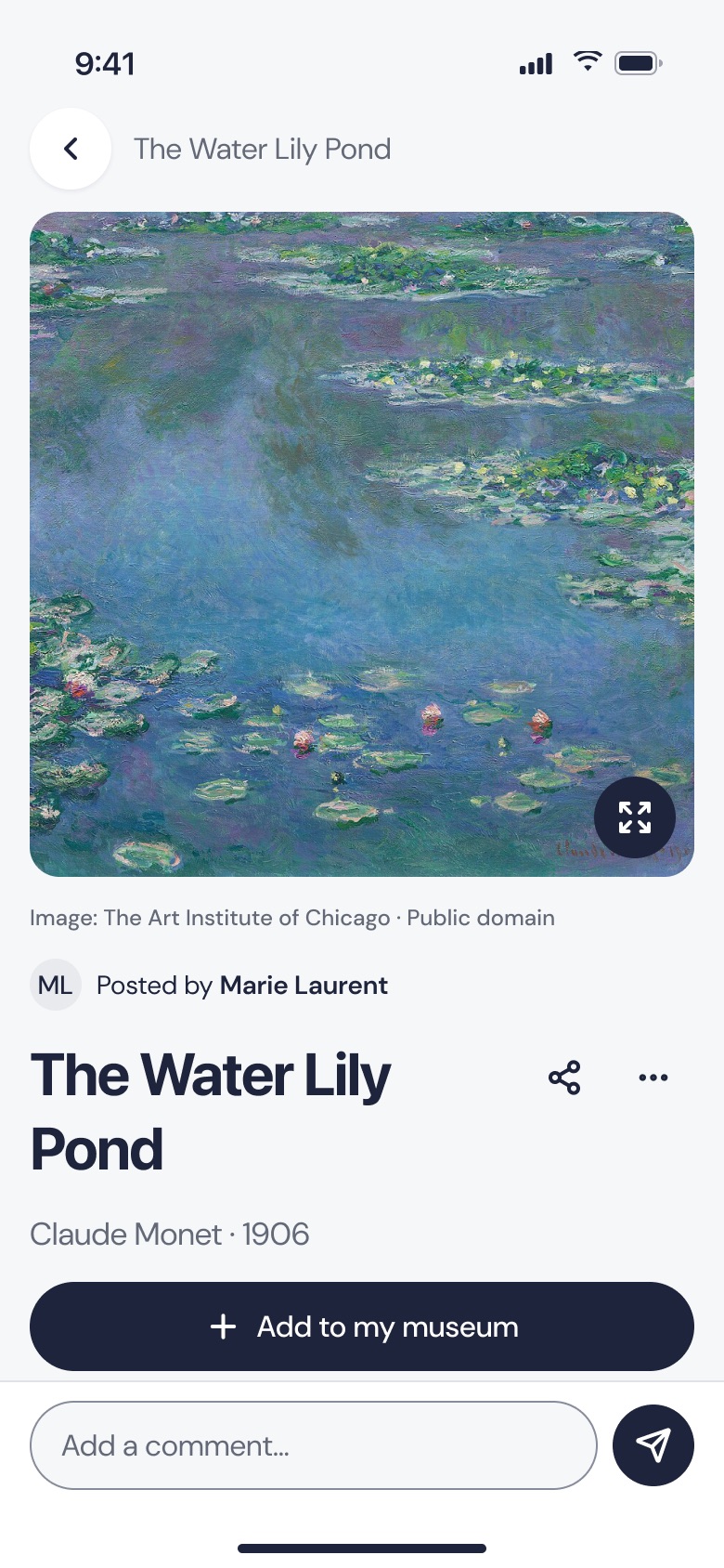 Page for Claude Monet's Water Lilies, with its reproduction and the “Add to my museum” button.