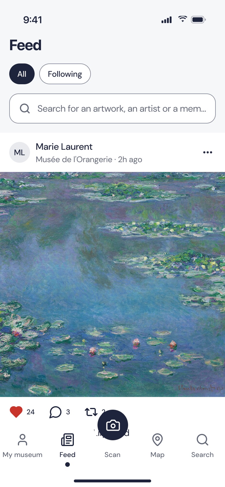 Feed screen: a member's post from the Musée de l'Orangerie, Claude Monet's Water Lilies.