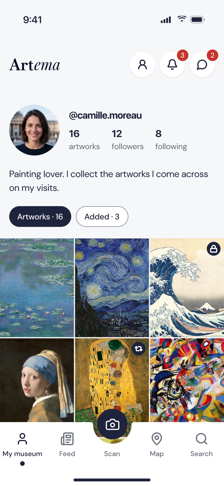 My museum screen: grid of the artworks scanned by a member.