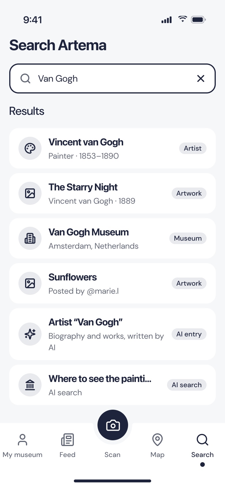 Search results for Van Gogh: the artist, his works, the Van Gogh Museum and the “Where to see the painting” search.
