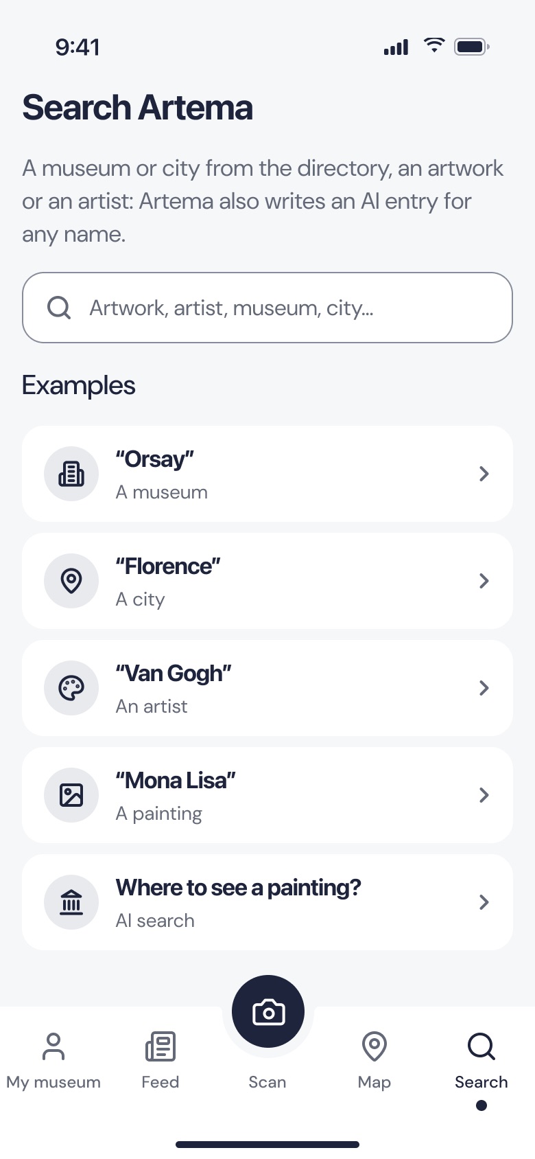 Search screen with examples: a museum, a city, an artist, the Mona Lisa and “Where can I see a painting?”.