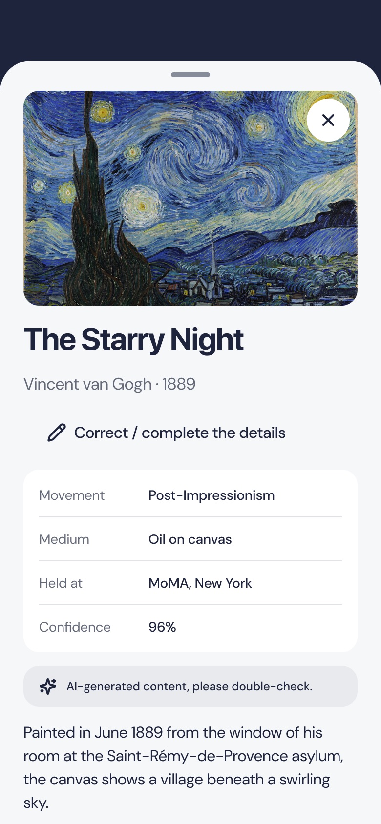 Scan result in Artema: The Starry Night, Vincent van Gogh, 1889, with movement, technique, collection and confidence score.