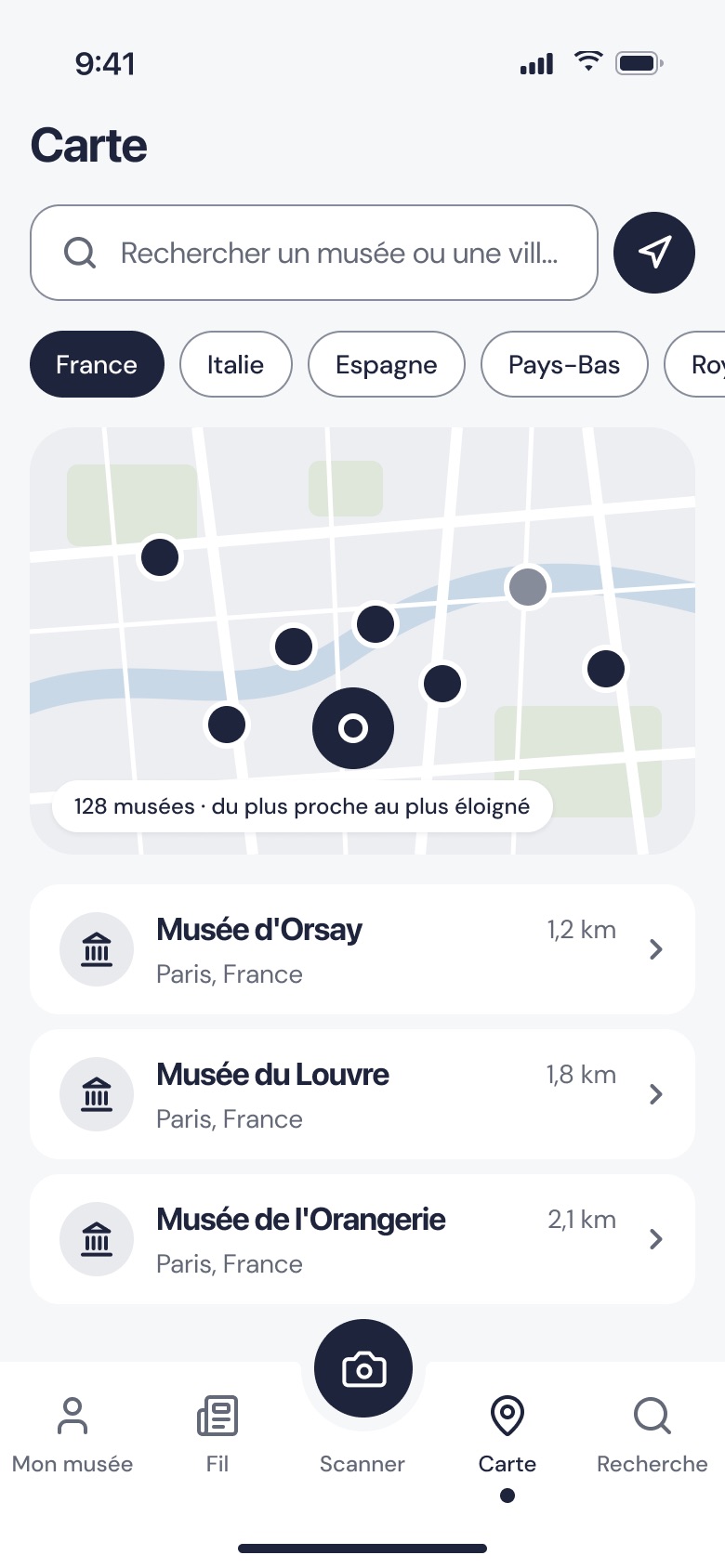 Carte des musées autour de soi, filtres France, Italie, Espagne, Pays-Bas, et liste des musées les plus proches avec leur distance.
