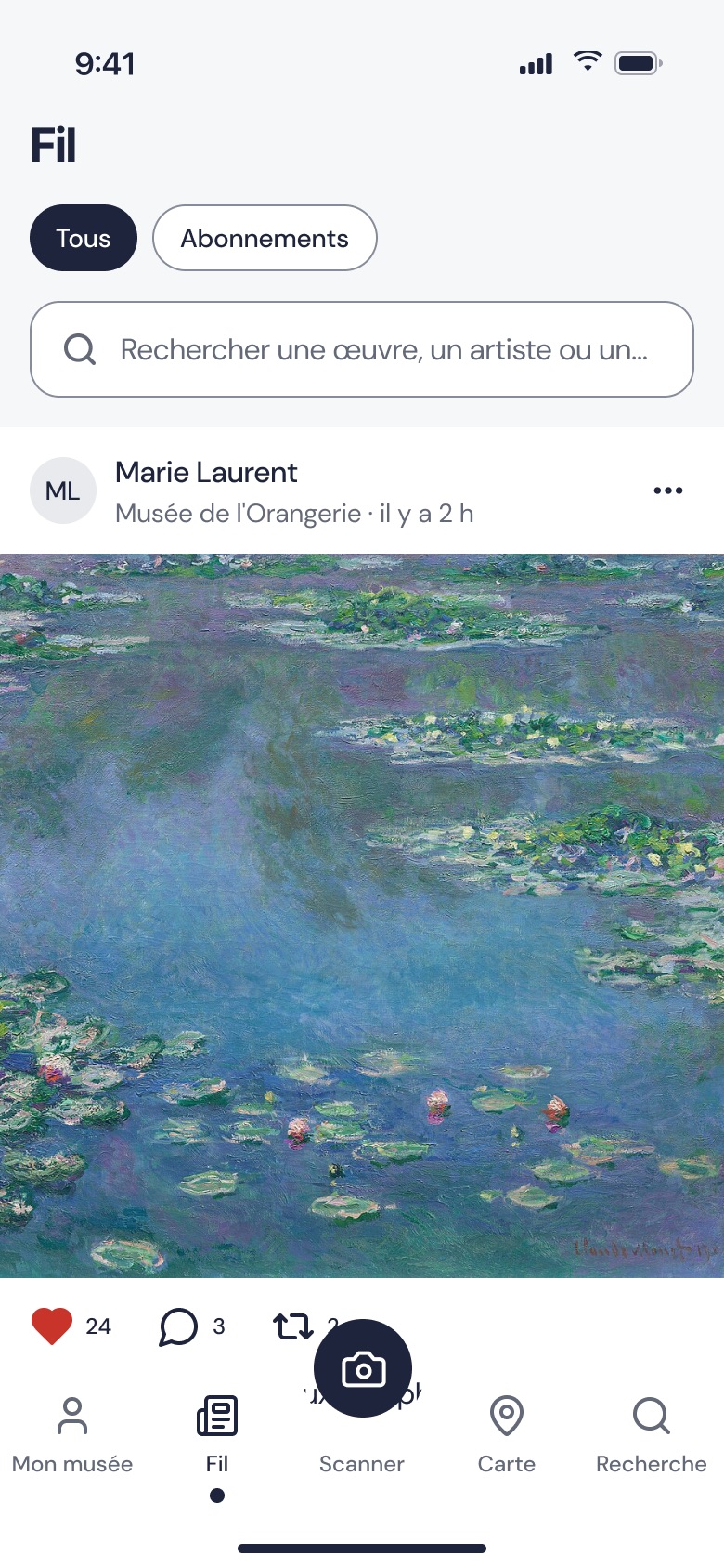 Écran du fil : publication de Marie Laurent au musée de l’Orangerie, Les Nymphéas de Claude Monet, 24 j’aime et 3 commentaires.