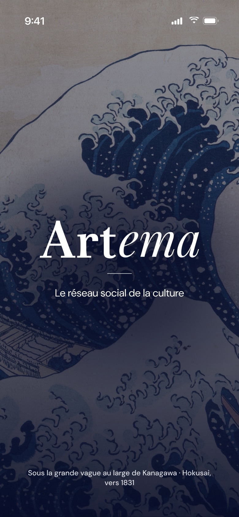 Écran de lancement d'Artema sur La Grande Vague de Kanagawa d'Hokusai.