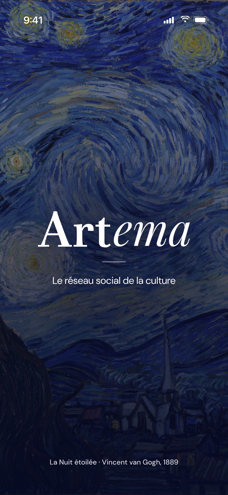 Écran de lancement d'Artema : le logo et la devise « Le réseau social de la culture » sur La Nuit étoilée de Van Gogh.