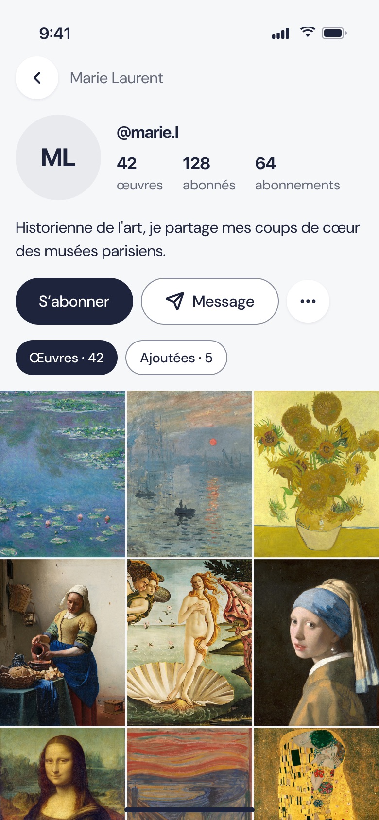 Profil de Marie Laurent : 42 œuvres, 128 abonnés, boutons S’abonner et Message, et la grille de ses œuvres.