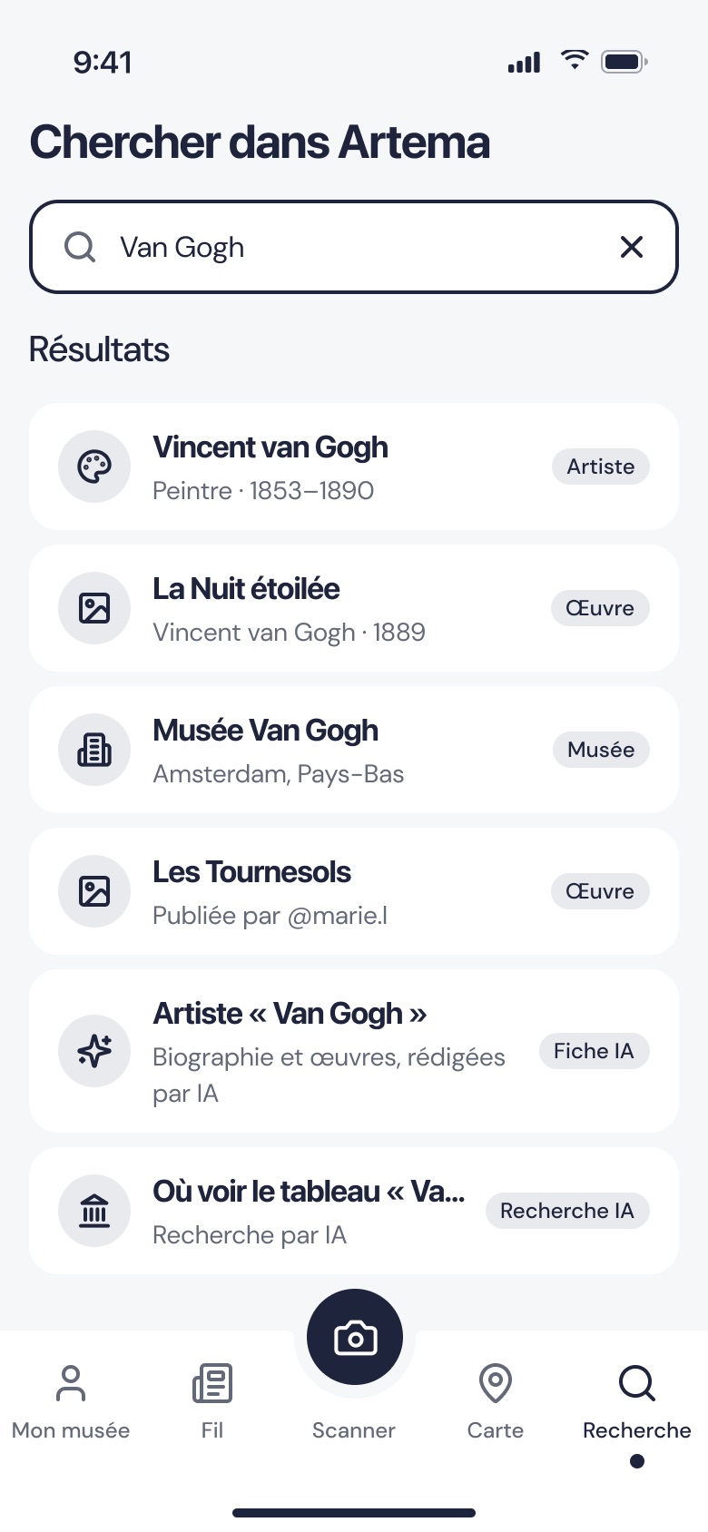 Résultats de recherche pour Van Gogh : l’artiste, La Nuit étoilée, le musée Van Gogh, Les Tournesols et « Où voir le tableau ».