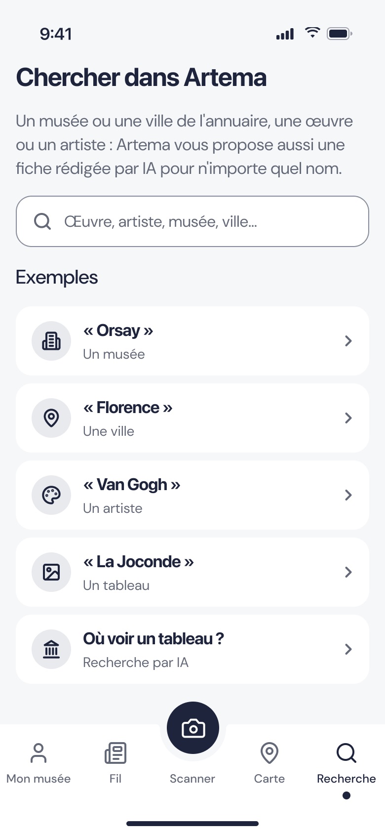 Écran de recherche avec des exemples : Orsay, Florence, Van Gogh, La Joconde et « Où voir un tableau ? ».