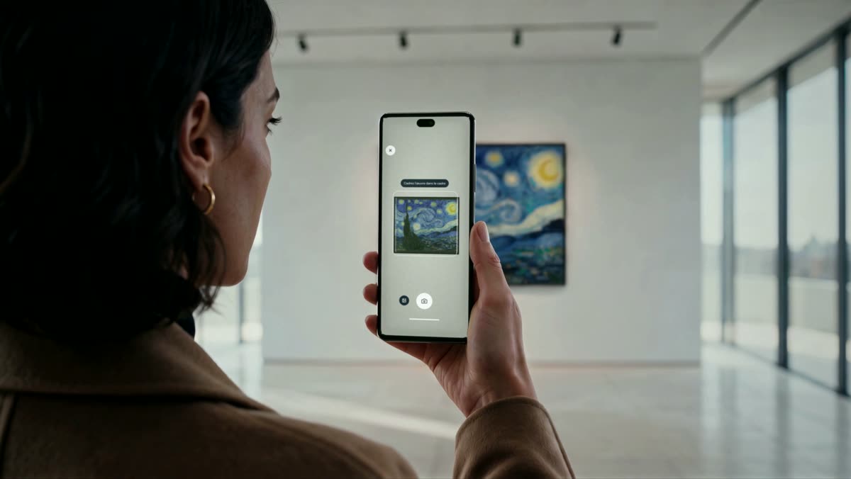 In a museum gallery, a visitor photographs The Starry Night with Artema.